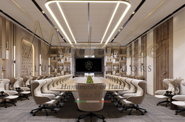 Modenese luxury contemporary interior design for a corporate office with a big meeting table and white leather swivel armchairs